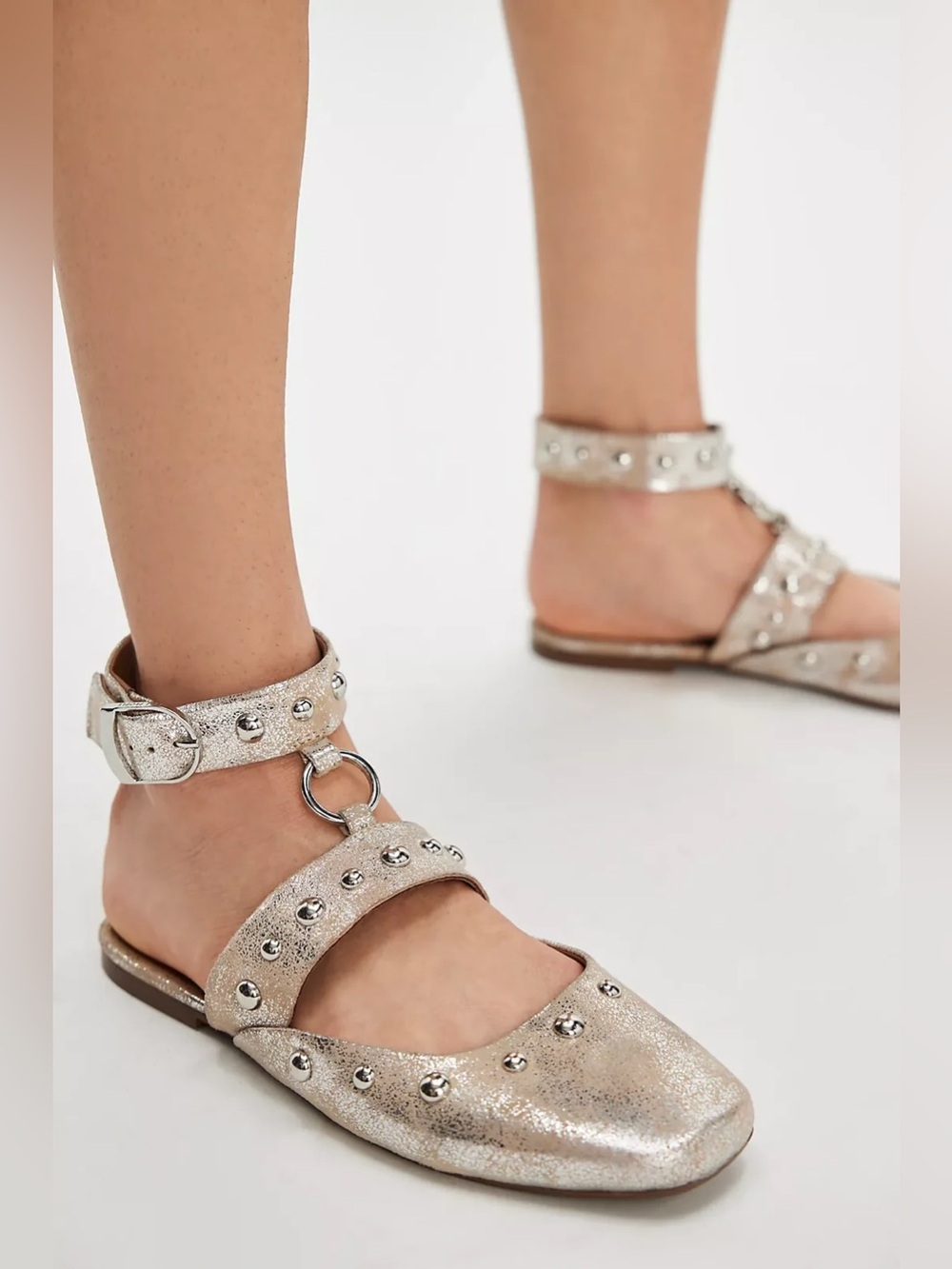 Free People Mystic Mary Jane Flats Silver Distress Studded Leather Size 7